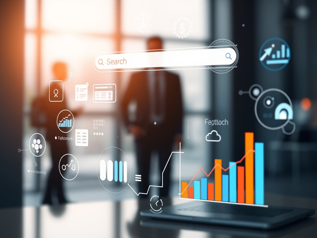 corporate digital interface with search engine icons and data analytics in a professional setting