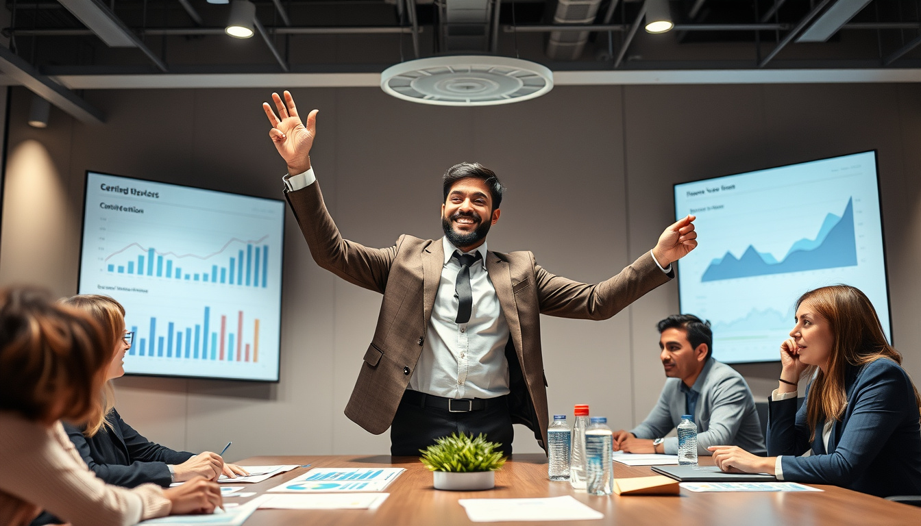  successful entrepreneur celebrating contract win, diverse team meeting with digital charts and graphs