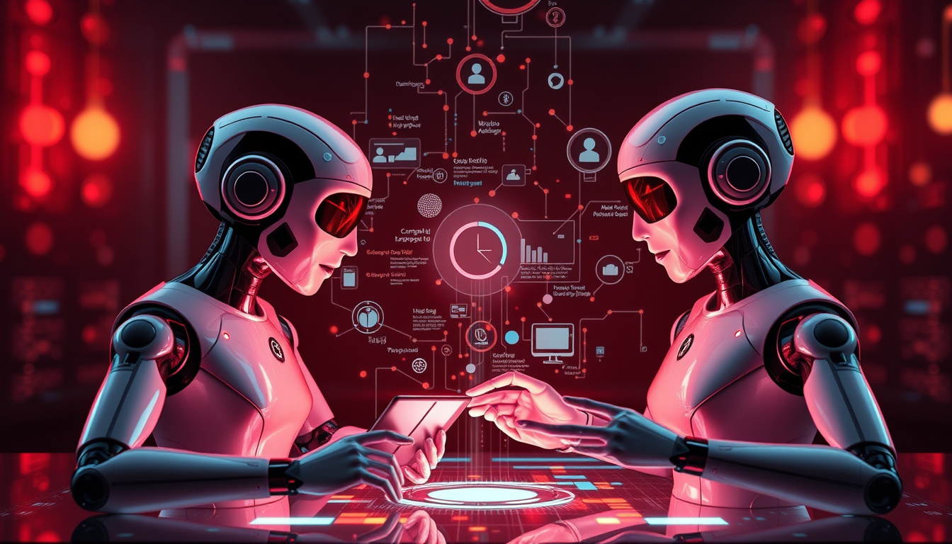  Sleek AI agents interacting seamlessly with diverse smart devices, holographic data streams, innovative technology setting