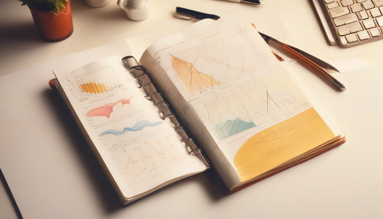  open notebook with detailed plot structure diagrams, vintage pen, warm sunlight on desk