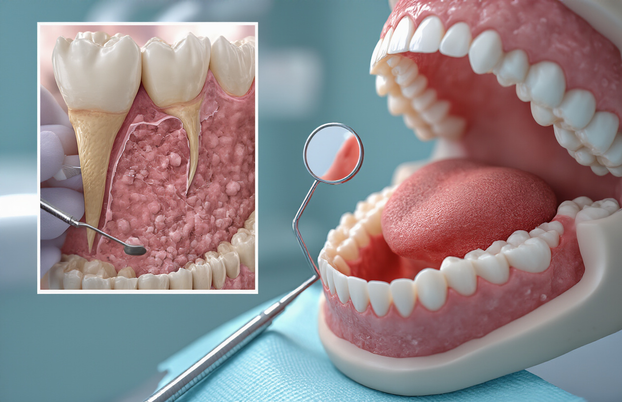 Create a realistic image of a close-up dental examination showing inflamed, red gums with visible plaque buildup, alongside a small diagram illustrating healthy versus diseased gum tissue, set in a bright dental office with professional lighting highlighting the contrast between healthy pink gums and irritated areas, conveying the seriousness of gum disease beyond just bleeding symptoms.