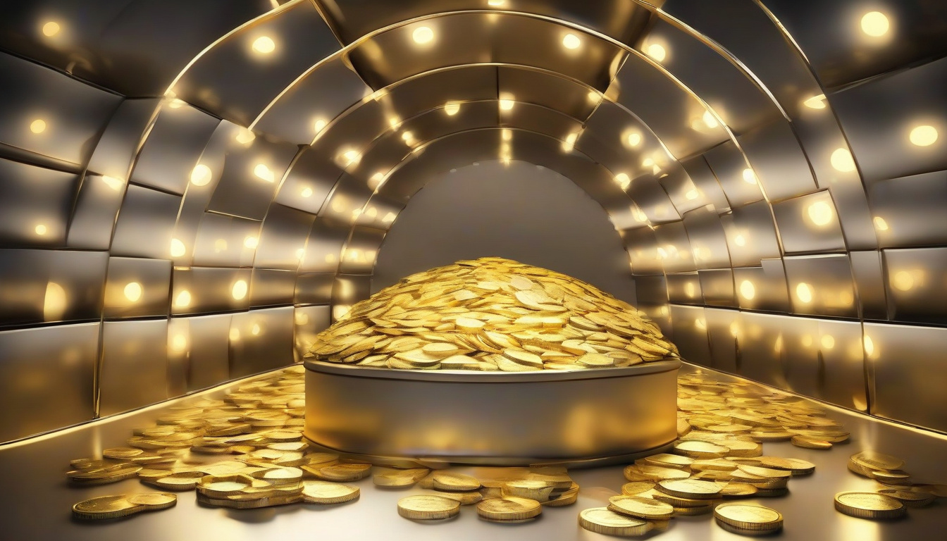  Elegant vault filled with gold coins, illuminated by guiding light