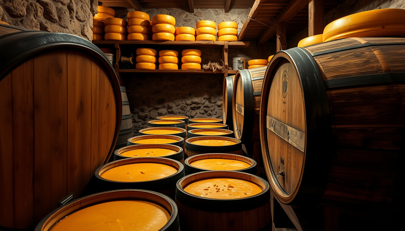  Ancient wooden barrels fermenting rich cheeses in a rustic kitchen