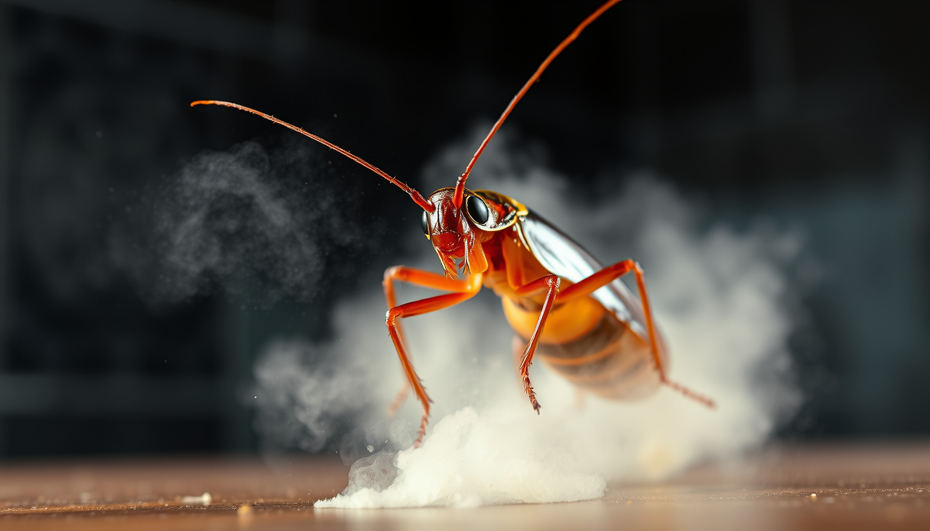  close-up of shiny cockroach crushed by chemical mist, dark kitchen background, pest control theme