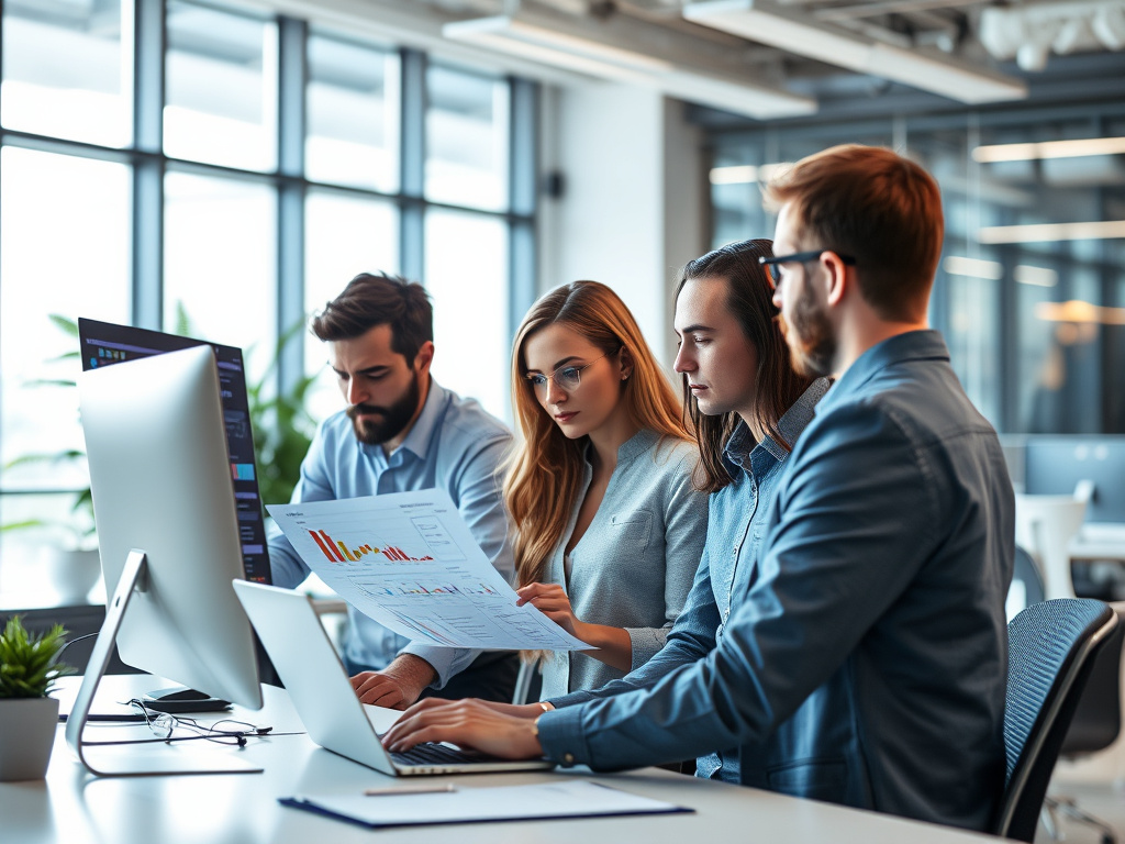 team of marketing professionals analyzing test results in a modern office environment