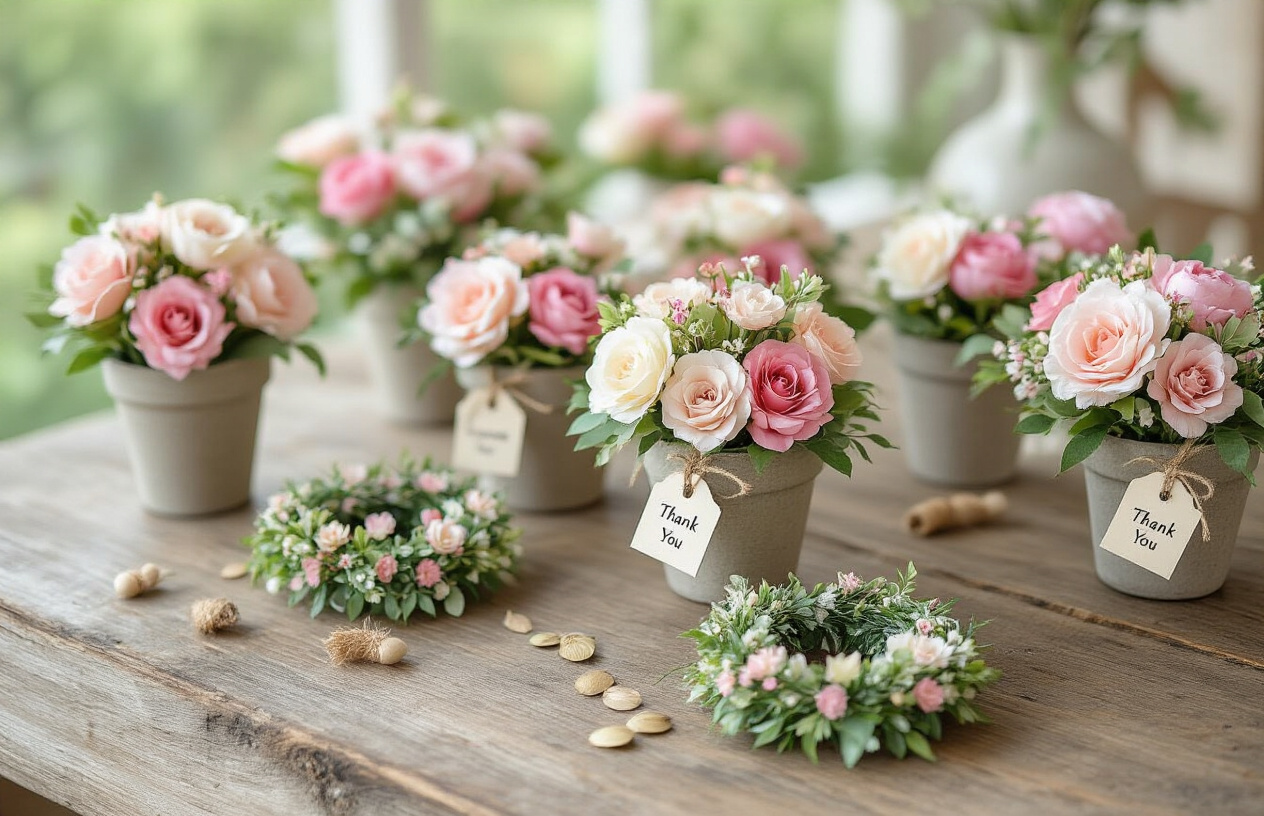 Create a realistic image of elegantly arranged artificial flower wedding favors displayed on a rustic wooden table, featuring small potted silk flowers, personalized seed packets, and miniature floral wreaths with attached thank you tags, all presented in soft, romantic lighting that highlights the delicate details of the artificial blooms.
