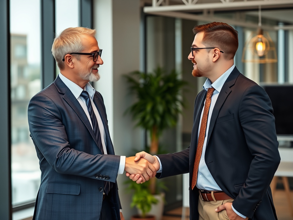 business executive shaking hands with an SEO consultant in a professional office setting