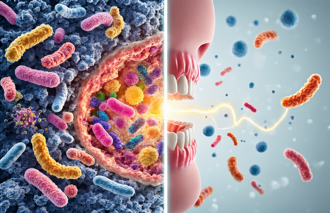 Create a realistic image of a close-up split screen showing a healthy gut microbiome with colorful bacteria on one side and healthy pink gums on the other, connected by a glowing pathway illustrating the gut-mouth connection, with microscopic probiotics traveling along this pathway, all against a clean white medical background with subtle blue accents.
