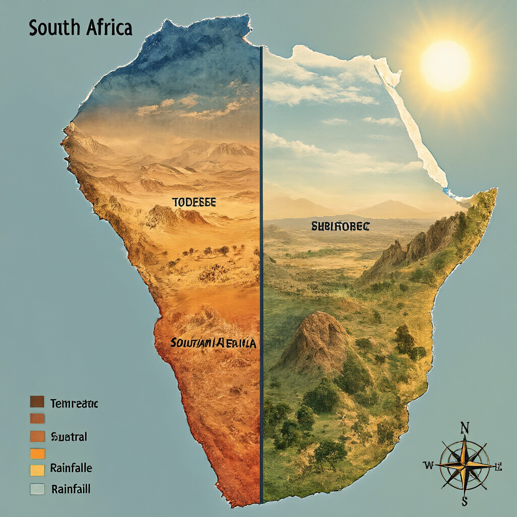 Create a realistic image of a split-screen map of South Africa showing its diverse climate zones, with visually distinct regions representing the desert, subtropical, Mediterranean, and temperate areas, overlaid with simplified temperature and rainfall indicators, warm sunlight highlighting the contrasting landscapes, and a small compass rose in the corner for orientation.