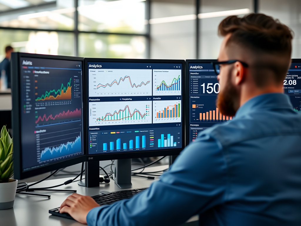 Professional analyzing website analytics dashboard on multiple monitors in an office setting