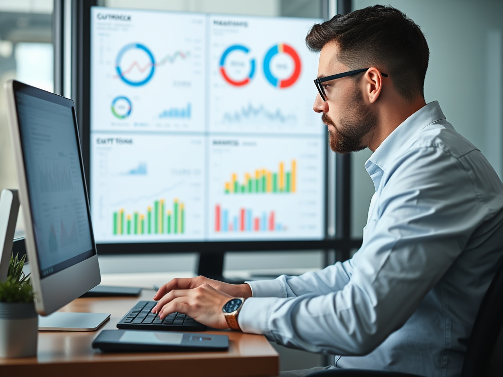 digital marketing analyst reviewing KPI dashboards with focus on SEM campaign metrics