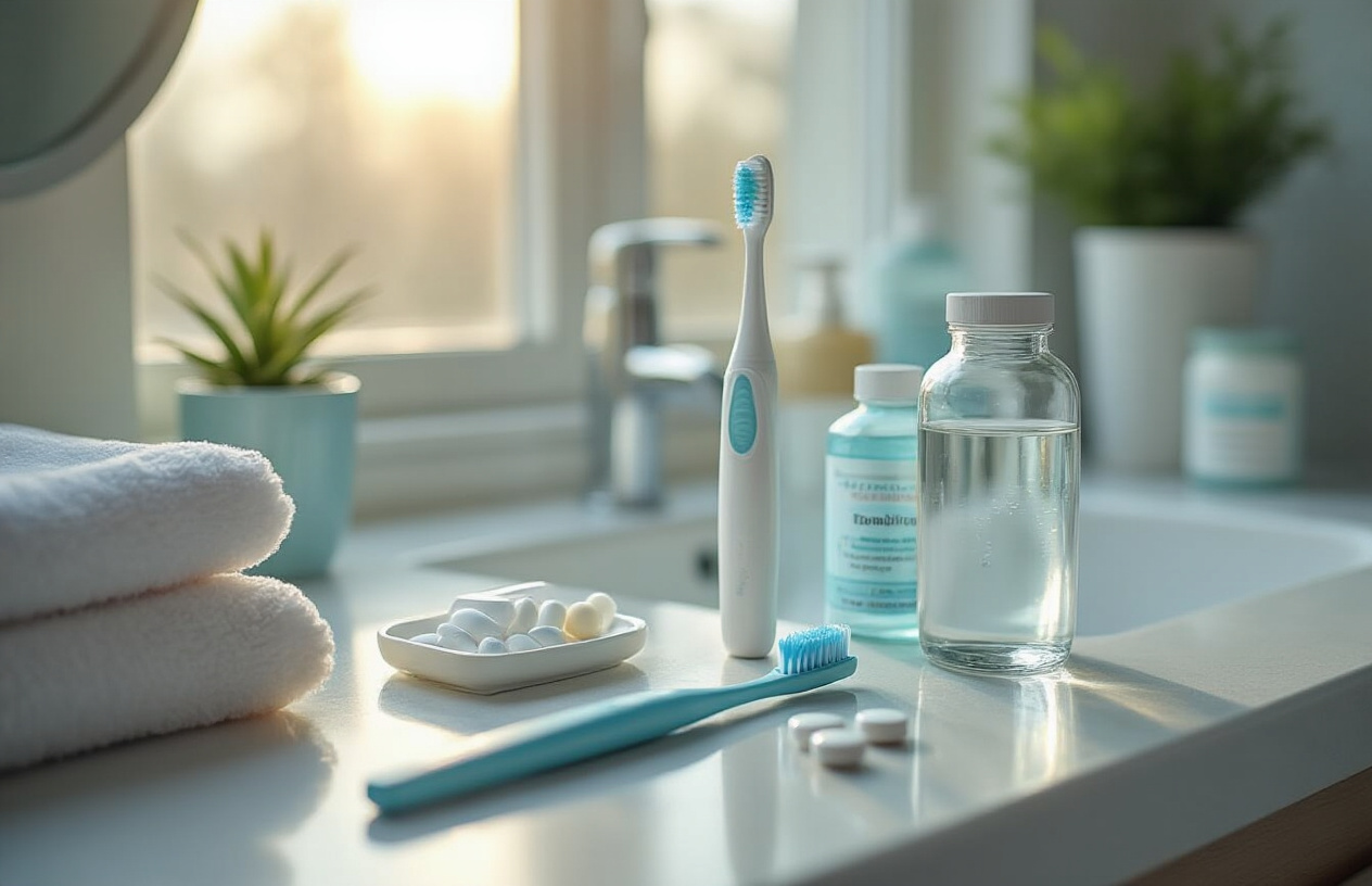 Create a realistic image of a bathroom counter with a neat arrangement of oral health products including a toothbrush, dental floss, mouthwash, and a prominently placed probiotic supplement bottle or tablets, with a glass of water nearby, in soft morning light suggesting a daily routine, conveying a modern and health-conscious approach to oral care.