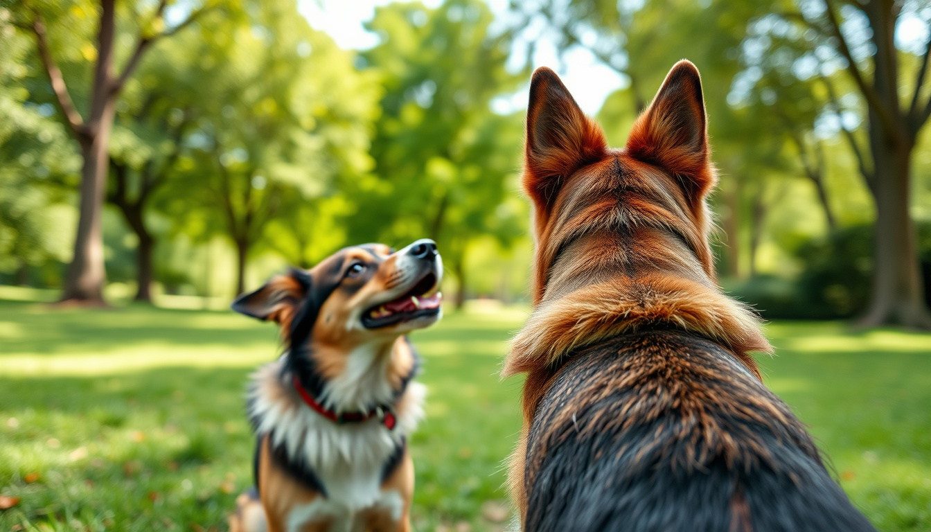  A focused dog obeying commands with an attentive owner in a lush park setting