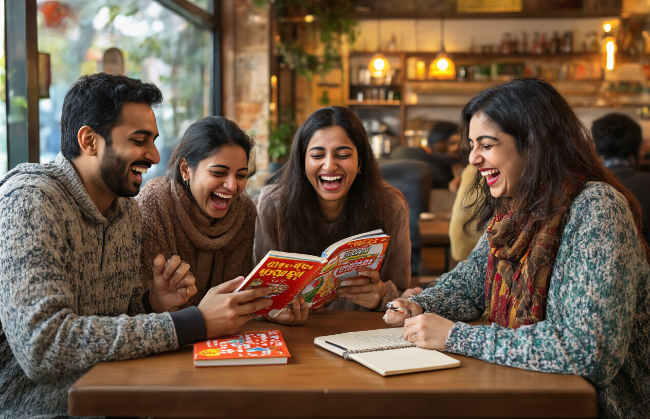 Create a realistic image of a diverse group of friends laughing together at a cozy Indian cafe, with Hindi joke books on the table, warm lighting creating a cheerful atmosphere, and a small notepad where someone is writing down a joke in Hindi script.