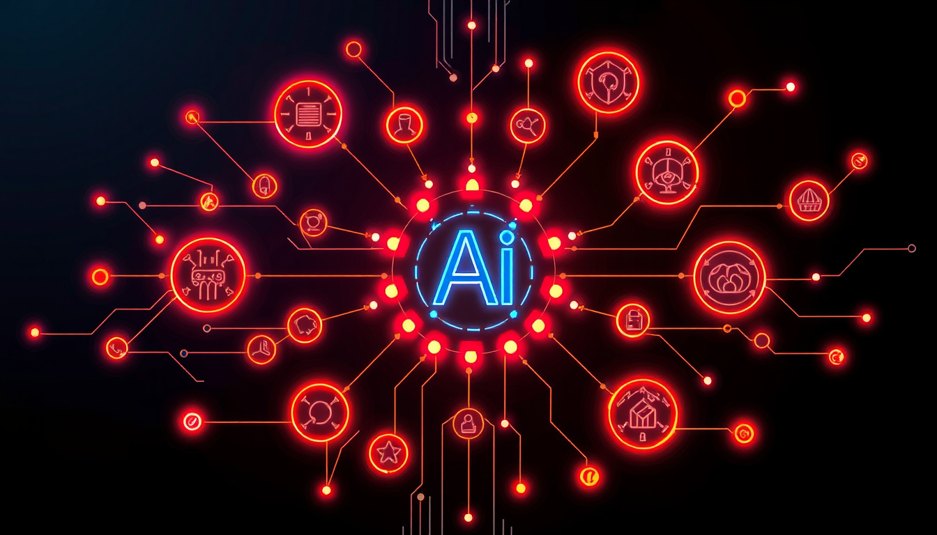  Abstract diagram of interconnected AI frameworks glowing with neon lights