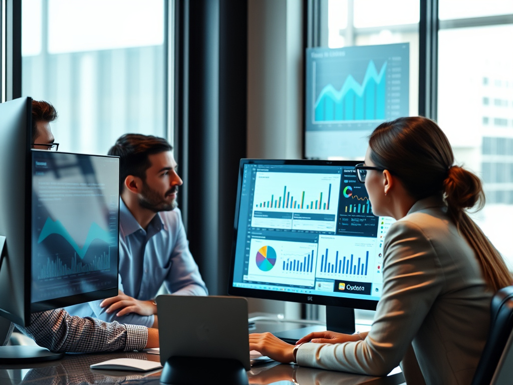 professional business team analyzing digital marketing data on a sleek computer screen with charts and graphs