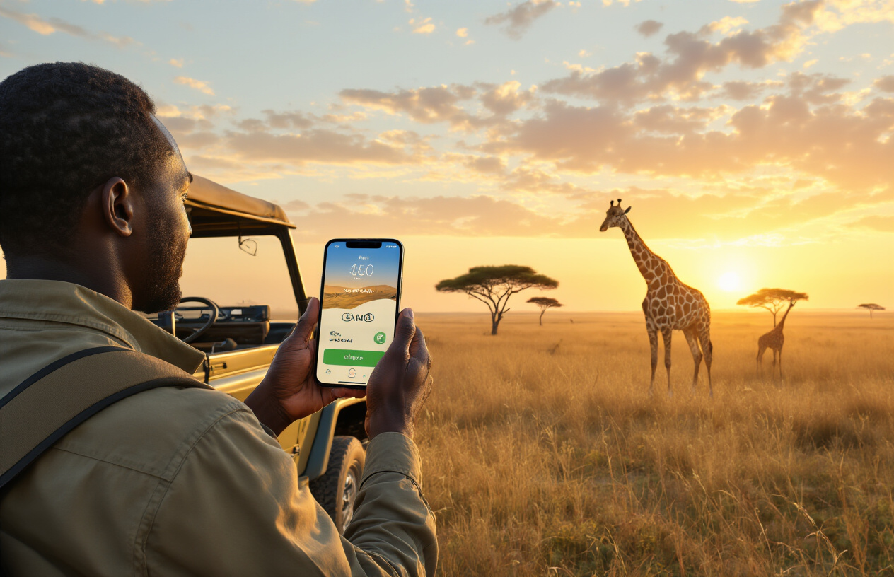 Create a realistic image of an African safari scene with a Black male traveler in safari attire holding a smartphone displaying the Airalo eSIM app interface, with a safari jeep in background, giraffes and acacia trees visible in distance, warm sunset lighting creating a golden glow across the savanna landscape.