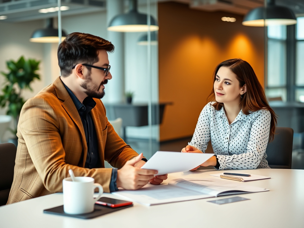 professional digital strategist discussing SEO plans with a client in a modern conference room