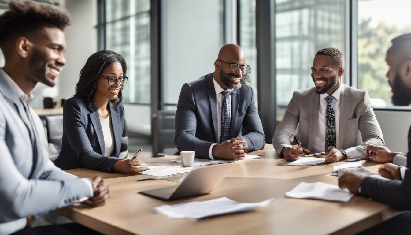  Group of advisors collaborating over streamlined onboarding process in modern conference room