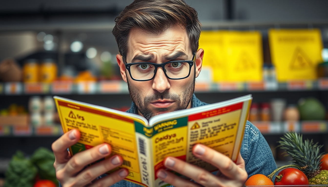  A worried individual reading food labels with colorful warning signs and fresh food ingredients
