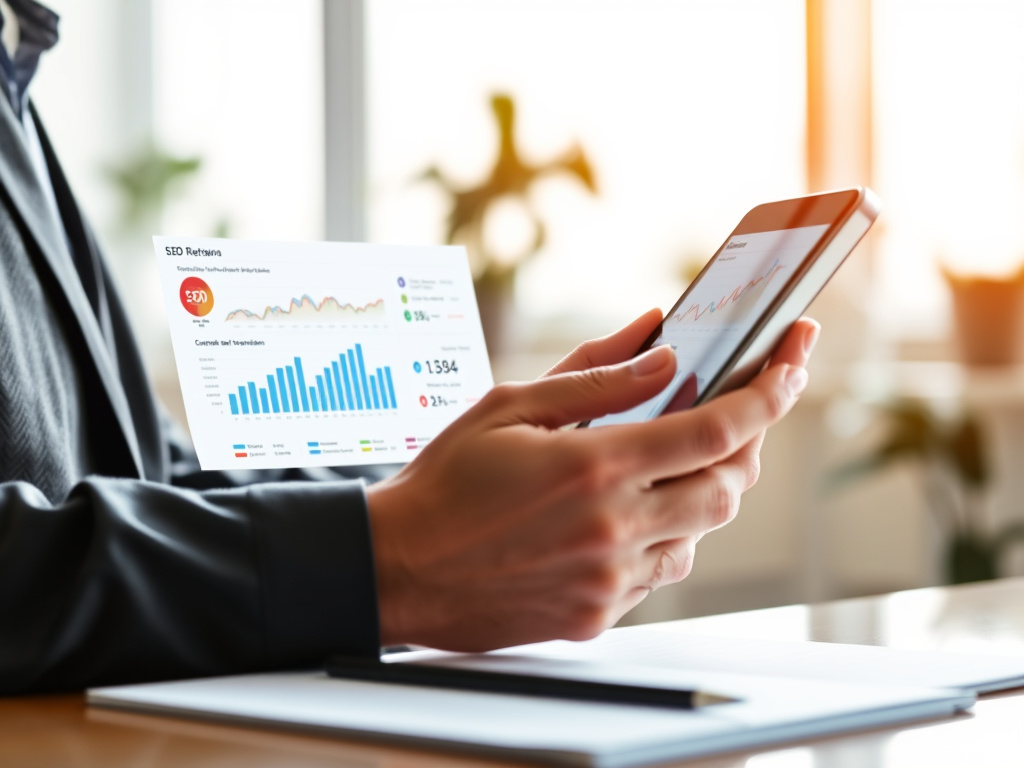 business professional reviewing SEO performance reports on a modern digital device with analytical graphs