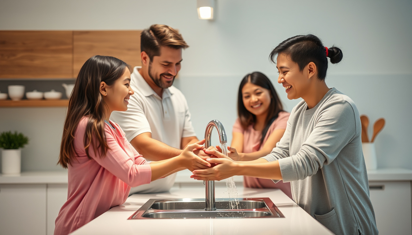  happy family washing hands thoroughly, bright kitchen scene, health and hygiene concept