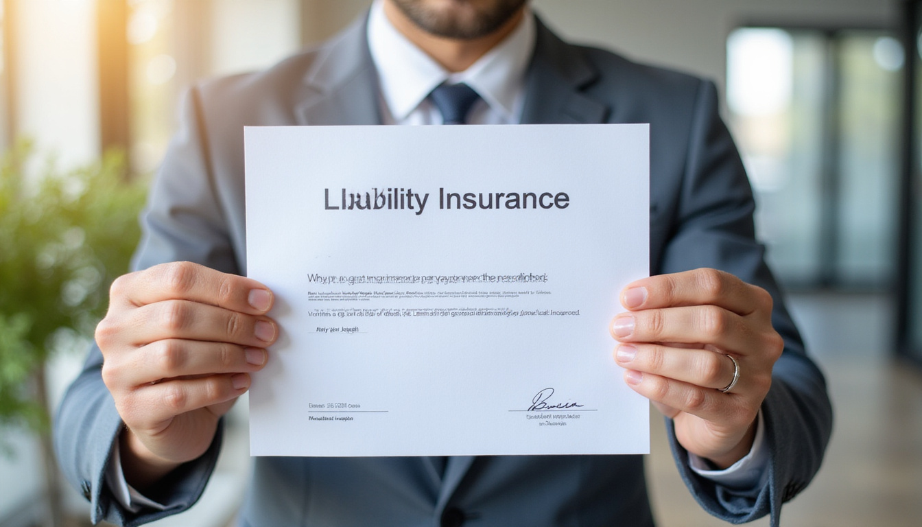  Close-up of hands holding a liability insurance certificate with a modern office in the background
