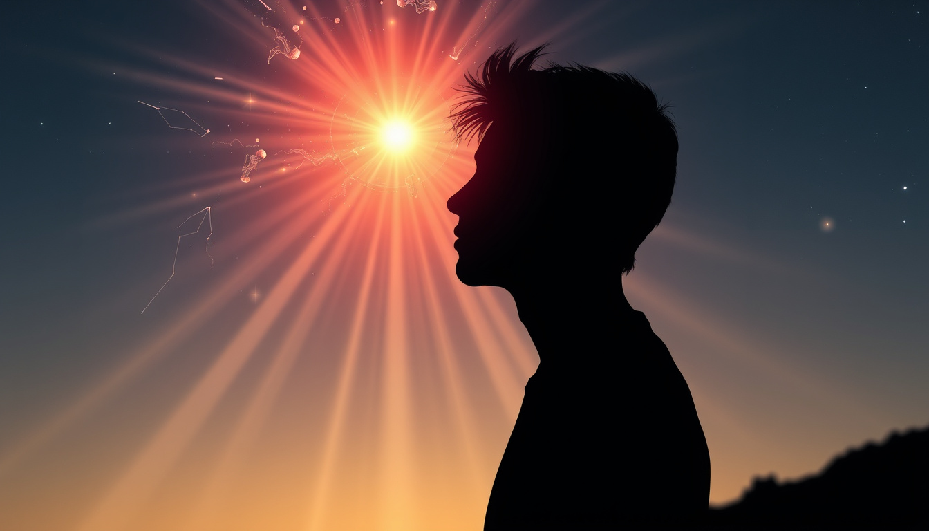  ethereal light beams connecting a human silhouette to wispy, celestial guide figures at dawn