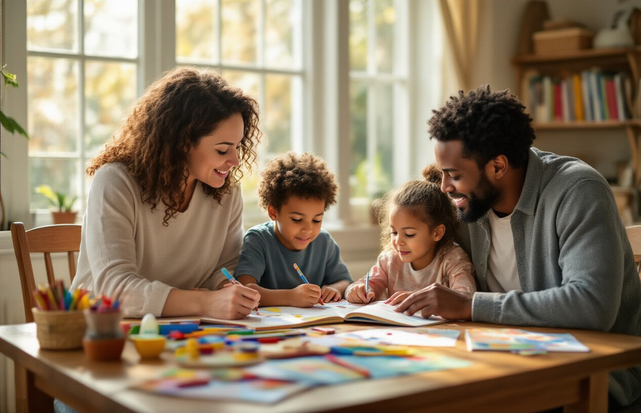 Create a realistic image of a diverse family group (white mother, black father, and two children of mixed race - boy and girl) sitting at a wooden table filled with colorful craft supplies, open books, and paper, actively engaged in writing and illustrating their own storybook, with warm natural lighting streaming through a nearby window, creating a cozy, creative atmosphere in a home living room setting.