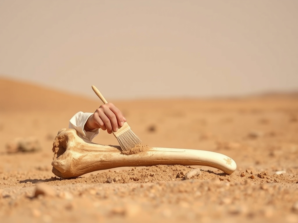 A minimalist, corporate style image of an archaeologist carefully brushing dirt from a fossilized bone in a desert landscape. Warm, muted tones. Focus on the texture of the bone and the dedication of the archaeologist.