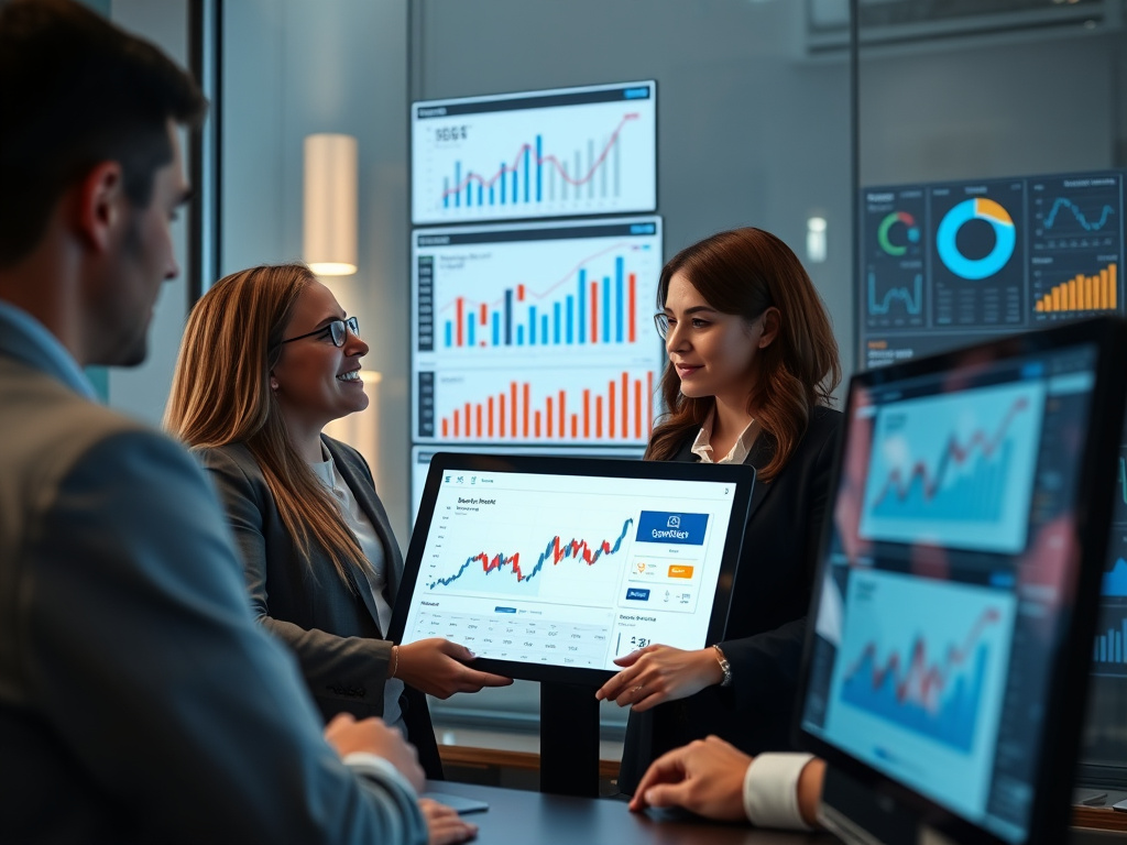 professional business team analyzing website metrics on digital screens with charts and graphs