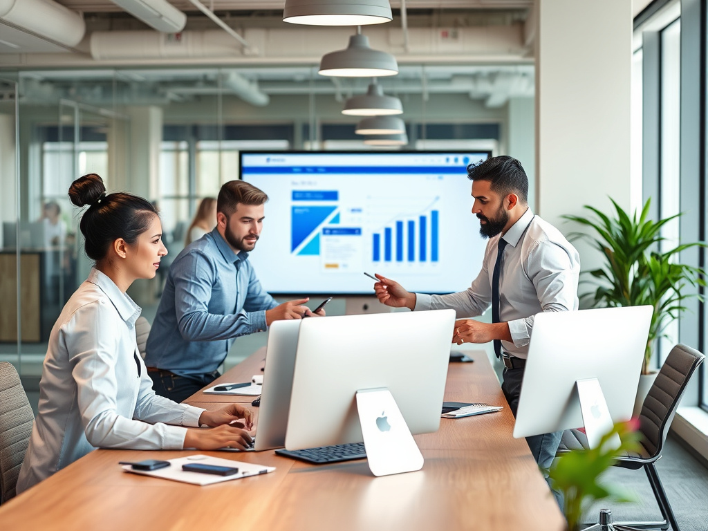 professional team working on website launch in a corporate office