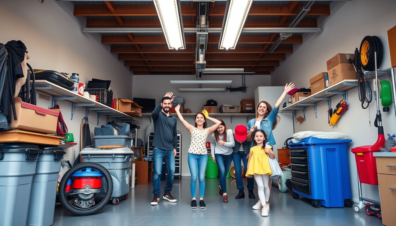  Clean, tidy garage after junk removal, bright lighting, happy family celebrating