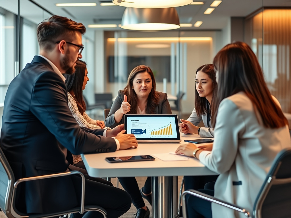 Professional team discussing digital marketing strategy in a modern conference room