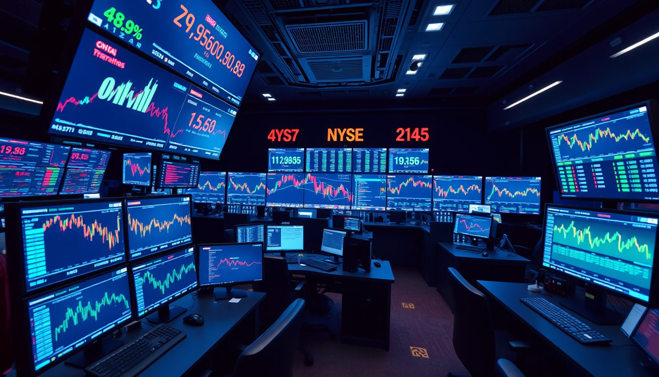  dynamic trading floor with multiple monitors displaying financial data and global markets