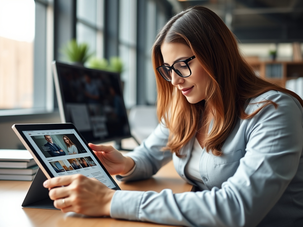 professional website designer analyzing website structure on a digital tablet in a corporate setting