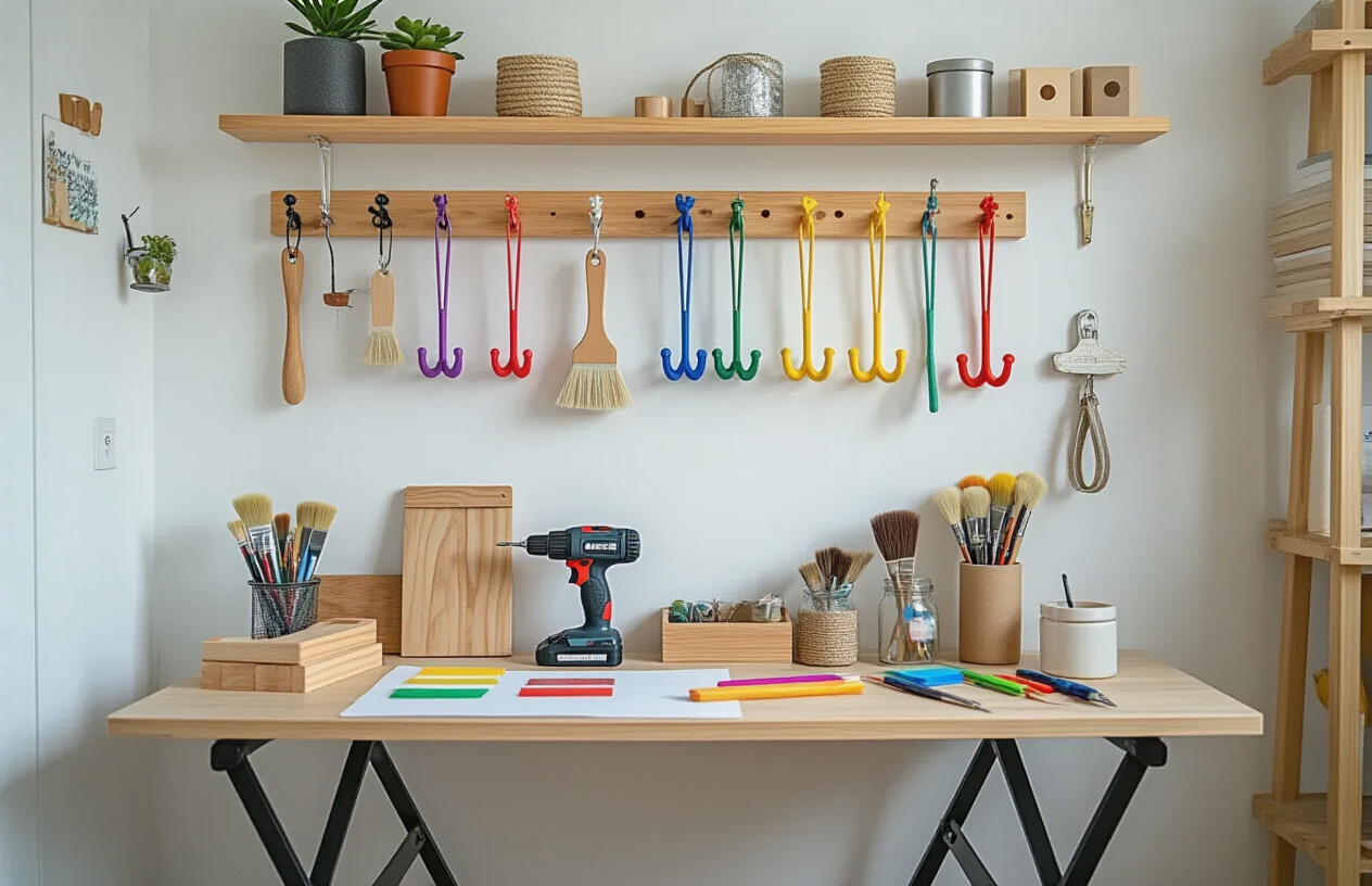 Create a realistic image of a DIY wall hook installation station in a small apartment, featuring various customizable hook materials like wooden blocks, colorful plastic hooks, and metal fixtures spread on a compact folding table, with visible tools including a drill, paintbrushes, and decorative supplies, against a background of a bright apartment wall with partially completed hook projects already mounted, showing how personalized storage solutions can maximize space in tight quarters.