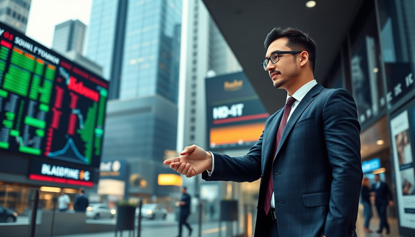  confident entrepreneur shaking hands at trading firm, sleek suits, urban financial district background