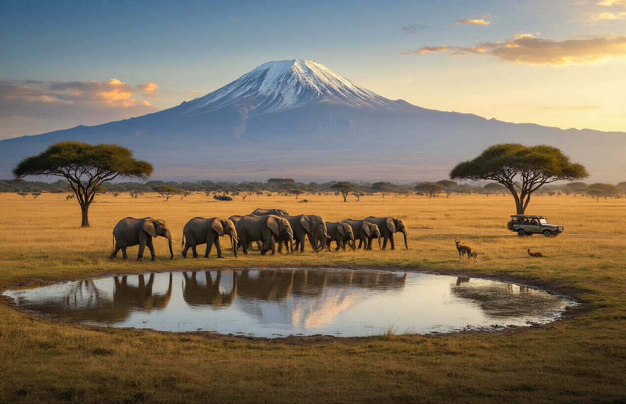 Create a realistic image of Amboseli National Park in Kenya, showing Mount Kilimanjaro in the background with its snow-capped peak, a herd of elephants walking across the open savanna, with acacia trees dotting the landscape, a watering hole reflecting the golden light of sunset, and a safari vehicle in the distance observing the wildlife, creating a serene and majestic African wilderness scene.
