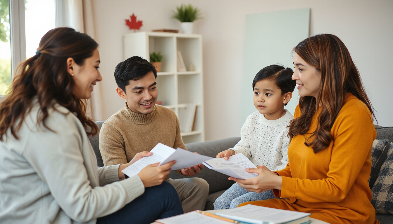  Diverse Canadian family reviewing debt repayment plans with counselor, warm home environment, supportive atmosphere