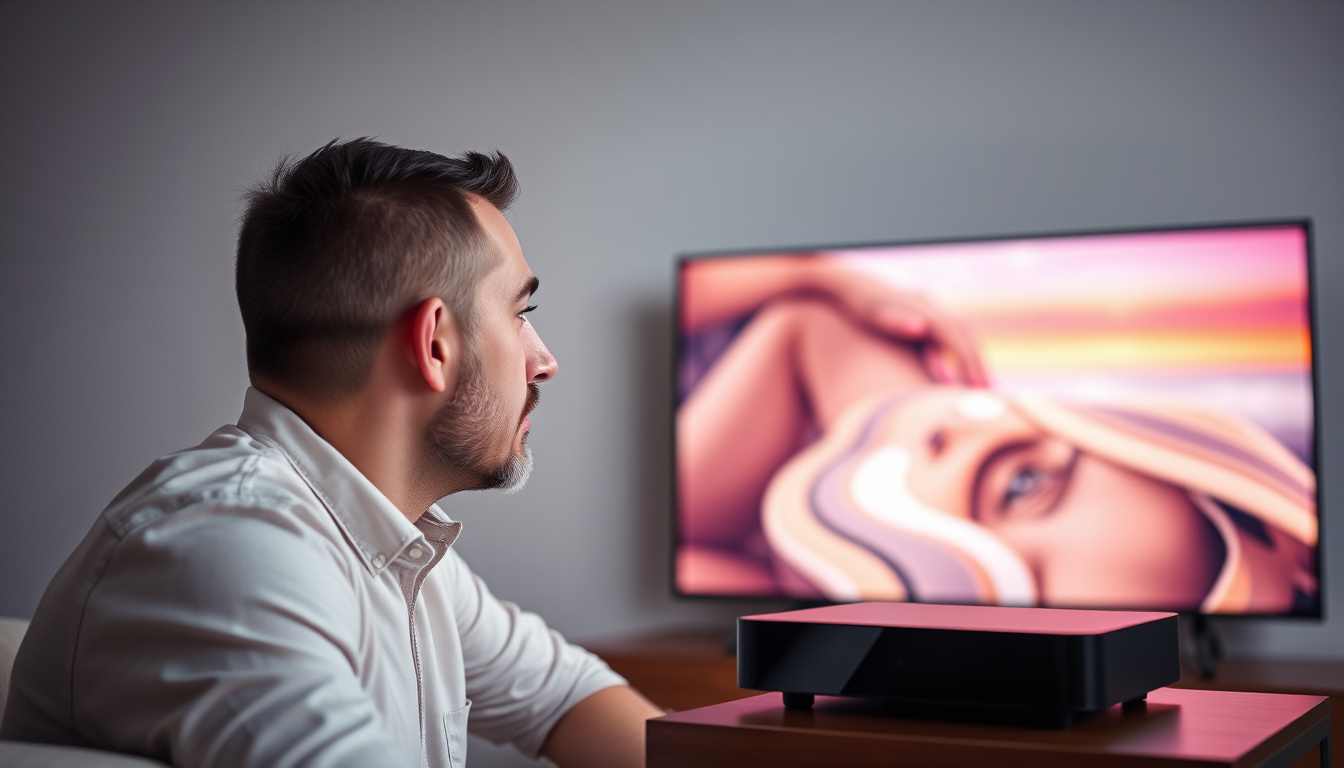  Man watching TV with high-definition display and sleek set-top box  