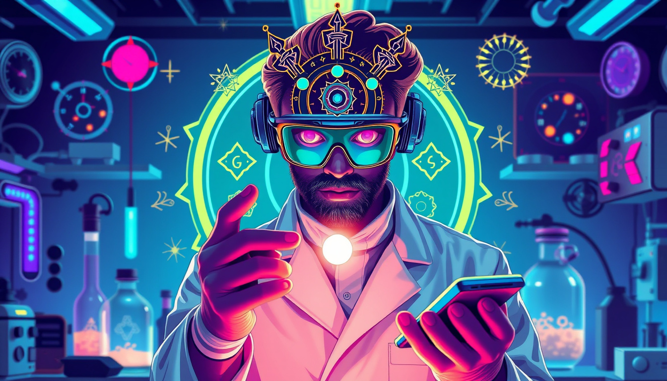  Modern scientist blending mystical symbols with high-tech gadgets in a futuristic lab —no extra words