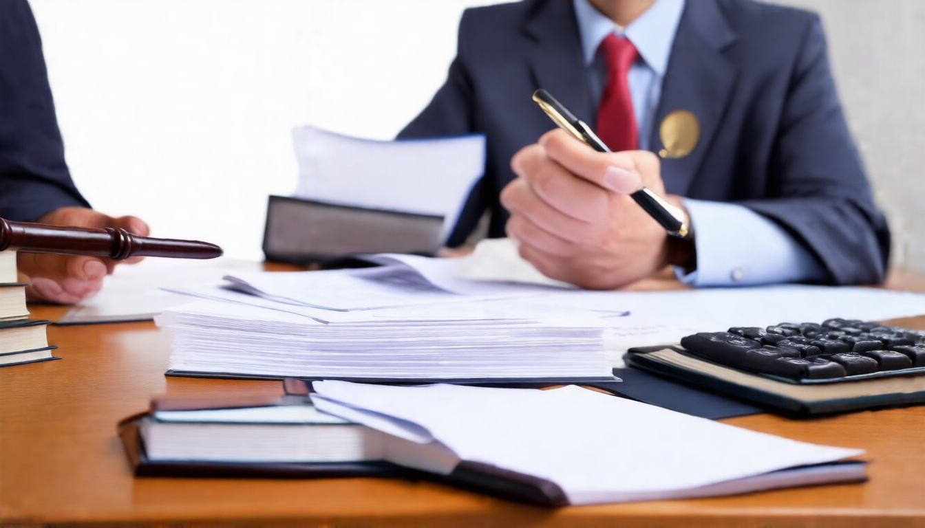  thoughtful lawyer analyzing civil tort cases, legal documents and law firm office background