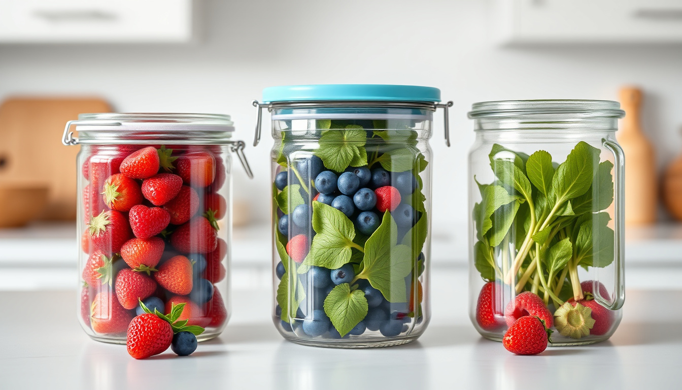  airtight containers preserving colorful berries and leafy greens in a bright kitchen setting