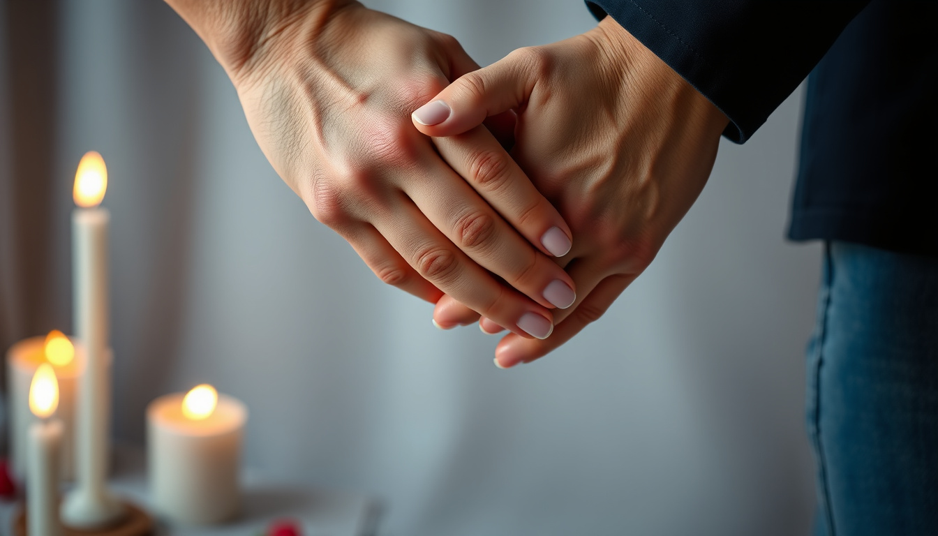  Close-up of hands intertwined with romantic candles flickering in background