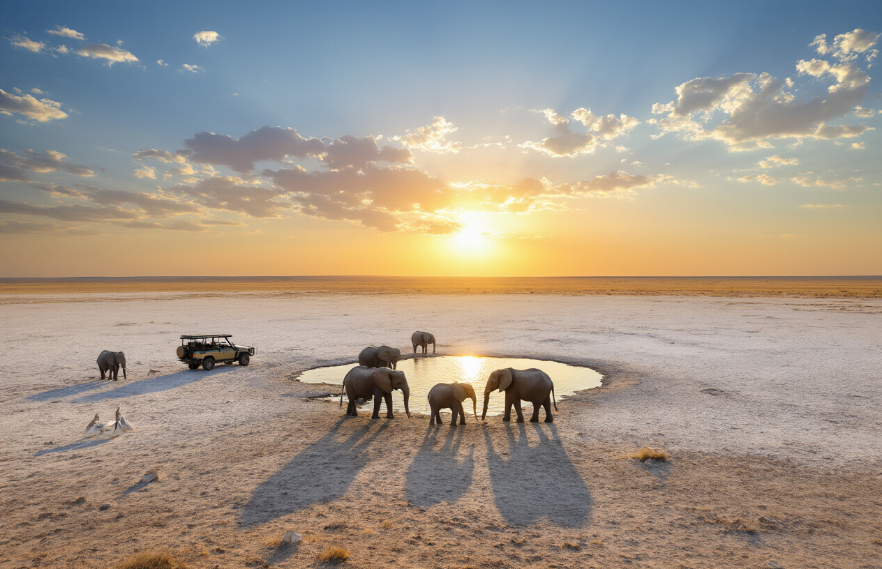 Create a realistic image of Etosha National Park in Namibia, showing a wildlife scene with elephants at a watering hole surrounded by the vast white salt pan, with a safari vehicle in the distance, warm golden sunset lighting creating long shadows across the dusty landscape, clear blue sky with a few scattered clouds, capturing the stark beauty and wildlife abundance of this iconic safari destination.