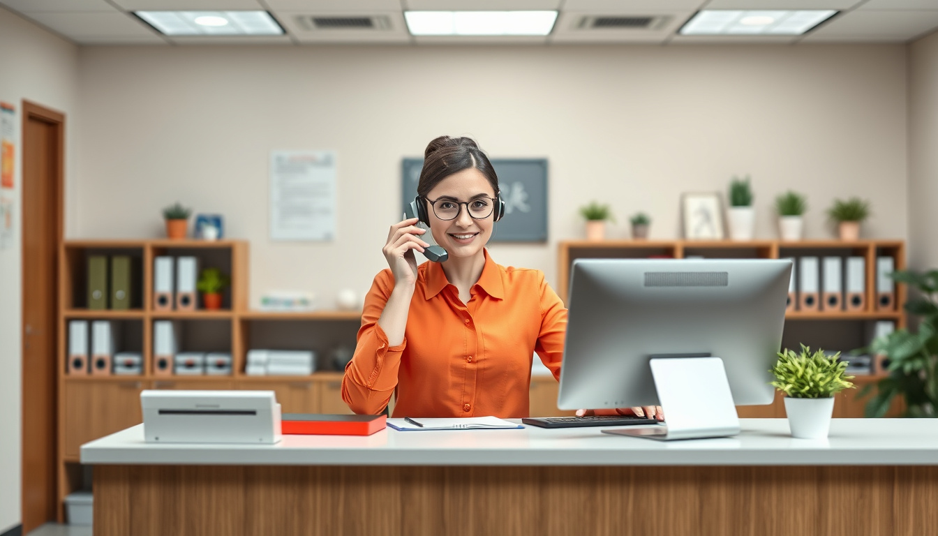  professional receptionist answering calls, organized workspace, welcoming customer service atmosphere
