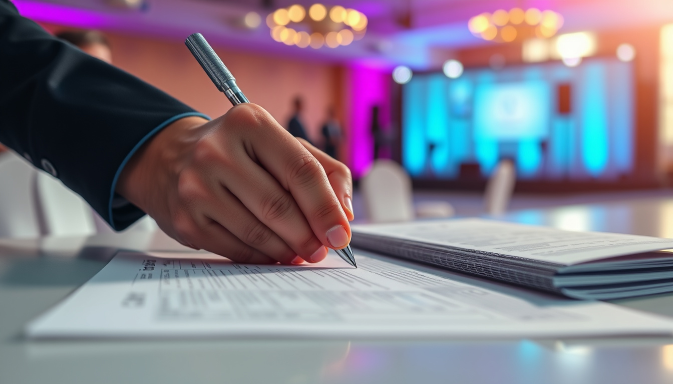 Close-up of hands signing indemnity forms with event setup in background