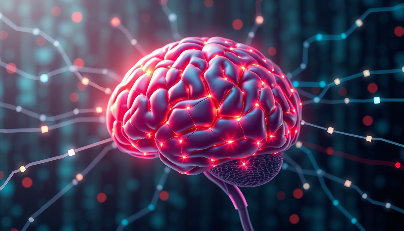  Brain with interconnected neural networks glowing, surrounded by digital data streams