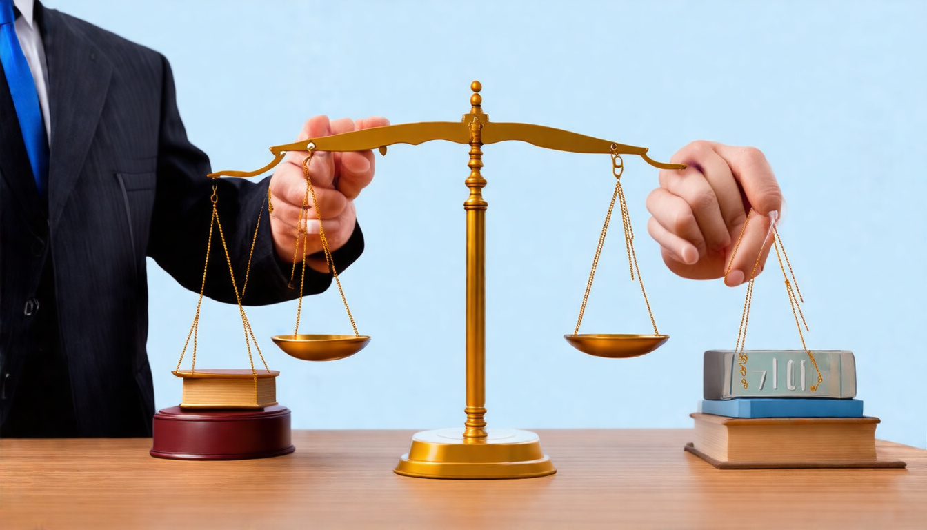  injured person negotiating with lawyer, balancing scales showing fault percentages